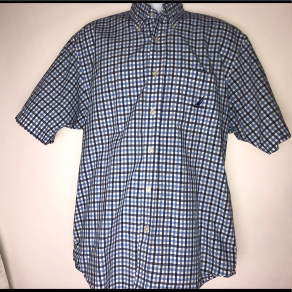 Nautica Blue Plaid Shirt Men's Large‎ Preppy Business Casual Geek